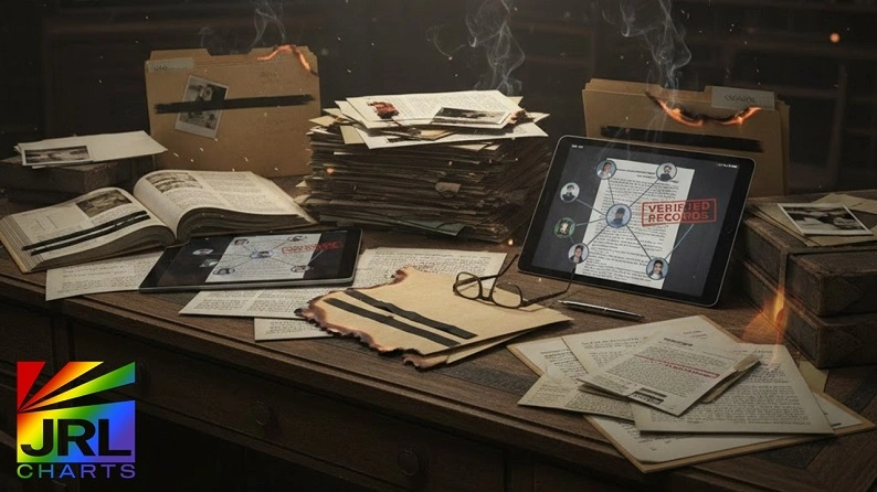 Investigative journalism workspace with Epstein files, verified records, and digital documents displayed on tablets, symbolizing legal-compliant reporting by JRL CHARTS.