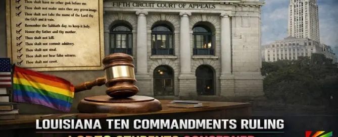 Louisiana Ten Commandments classroom mandate ruling by the Fifth Circuit Court of Appeals with LGBTQ pride flag and gavel symbolizing education and civil rights concerns.