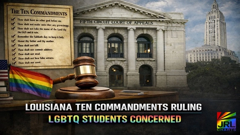 Louisiana Ten Commandments classroom mandate ruling by the Fifth Circuit Court of Appeals with LGBTQ pride flag and gavel symbolizing education and civil rights concerns.