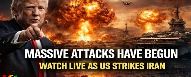 Breaking news graphic showing President Donald Trump with explosions in Tehran and military aircraft as massive attacks begin during US military operation against Iran in 2026.