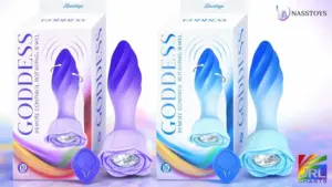 Nasstoys GODDESS Remote Control Rotating Jewel rechargeable silicone wellness device in Purple and Blue with retail packaging