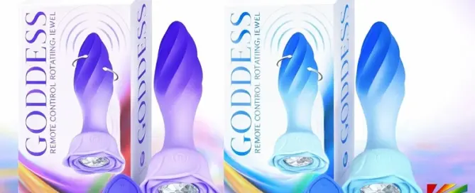 Nasstoys GODDESS Remote Control Rotating Jewel rechargeable silicone wellness device in Purple and Blue with retail packaging