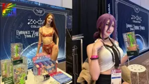 OEJ Novelty exhibit booth at the 2026 AVN Adult Entertainment Expo in Las Vegas featuring Zodiac Collection retail display and branded product packaging.