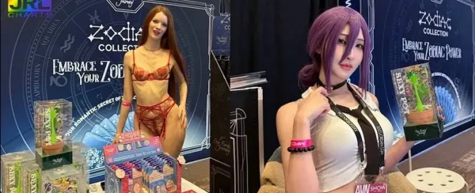 OEJ Novelty exhibit booth at the 2026 AVN Adult Entertainment Expo in Las Vegas featuring Zodiac Collection retail display and branded product packaging.