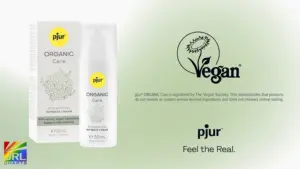 pjur ORGANIC Care regenerating intimate cream packaging displayed alongside official Vegan Trademark certification from The Vegan Society.