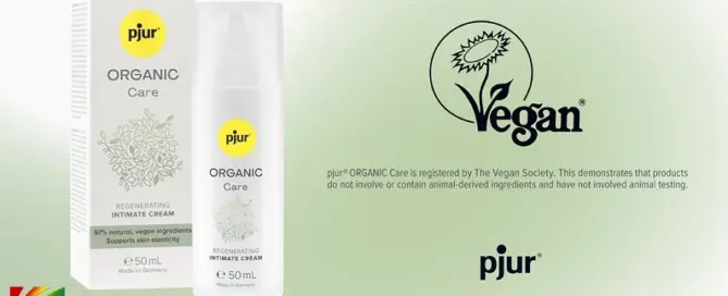pjur ORGANIC Care regenerating intimate cream packaging displayed alongside official Vegan Trademark certification from The Vegan Society.