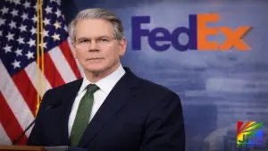U.S. Treasury Secretary Scott Bessent speaking at podium with American flag and FedEx logo background