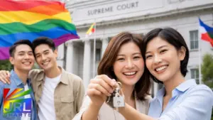Same-sex couples celebrate property co-ownership rights outside the Supreme Court of the Philippines following a landmark LGBTQ+ legal ruling