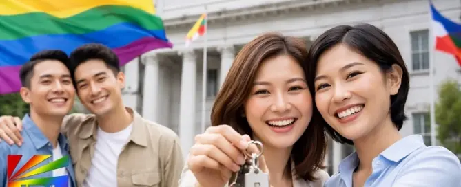 Same-sex couples celebrate property co-ownership rights outside the Supreme Court of the Philippines following a landmark LGBTQ+ legal ruling