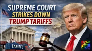 U.S. Supreme Court building with gavel and cargo containers symbolizing Trump tariff ruling under IEEPA in 2026