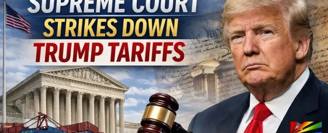 U.S. Supreme Court building with gavel and cargo containers symbolizing Trump tariff ruling under IEEPA in 2026