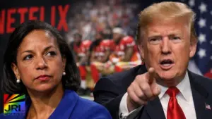President Donald Trump and former National Security Adviser Susan Rice amid controversy over Netflix board comments and political backlash.