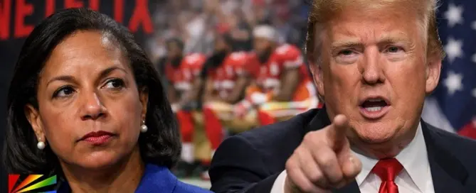 President Donald Trump and former National Security Adviser Susan Rice amid controversy over Netflix board comments and political backlash.