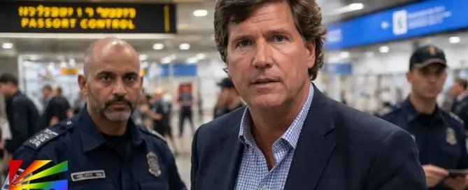 Tucker Carlson at Ben-Gurion Airport during reported passport control incident in Israel, February 2026