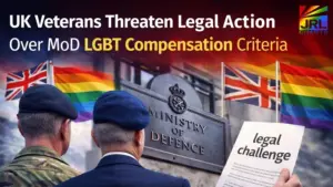 Two UK veterans standing outside the Ministry of Defence building during a legal challenge over the LGBT veterans compensation scheme.