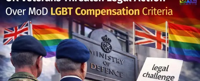 Two UK veterans standing outside the Ministry of Defence building during a legal challenge over the LGBT veterans compensation scheme.