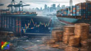 Shipping containers at a U.S. port with financial market data overlay symbolizing the December US trade deficit increase