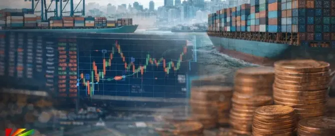 Shipping containers at a U.S. port with financial market data overlay symbolizing the December US trade deficit increase