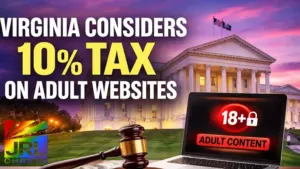 Virginia State Capitol with gavel, money, and laptop showing adult content warning as lawmakers consider a 10 percent tax on adult websites under HB 720