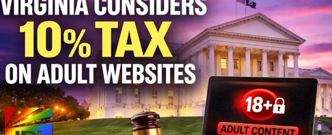 Virginia State Capitol with gavel, money, and laptop showing adult content warning as lawmakers consider a 10 percent tax on adult websites under HB 720