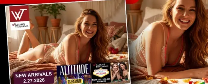 Williams Trading Co. promotional graphic highlighting weekly new arrivals catalog and Altitude Intimates digital live stream event for retail buyers.