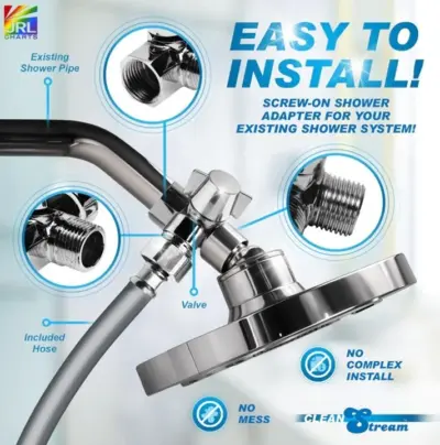 XR Brands Clean Stream screw-on shower adapter with valve and flexible hose designed for easy bathroom installation and hygiene system setup