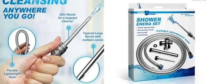 XR Brands Clean Stream Shower Enema Set featuring flexible lightweight hose and tapered multi-channel nozzle for adult retail hygiene buyers