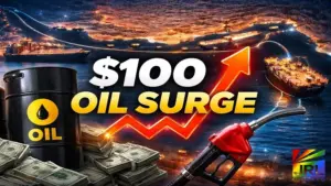 $100 oil price surge illustration showing global oil tankers near the Strait of Hormuz as crude prices spike above $100 per barrel impacting global energy markets