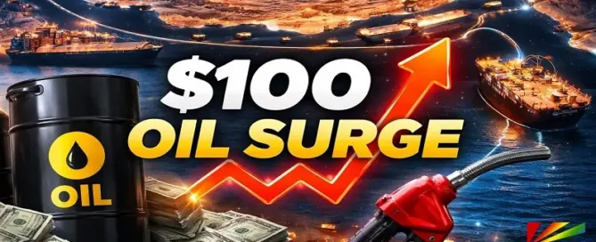 $100 oil price surge illustration showing global oil tankers near the Strait of Hormuz as crude prices spike above $100 per barrel impacting global energy markets