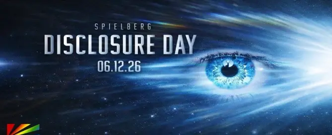 Disclosure Day 2026 sci fi thriller trailer artwork showing glowing blue eye and cosmic energy from Steven Spielberg film