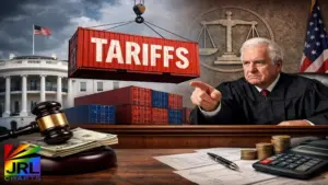 Federal judge orders refunds for Trump tariffs as shipping containers and White House symbolize U.S. trade policy ruling.