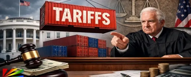 Federal judge orders refunds for Trump tariffs as shipping containers and White House symbolize U.S. trade policy ruling.