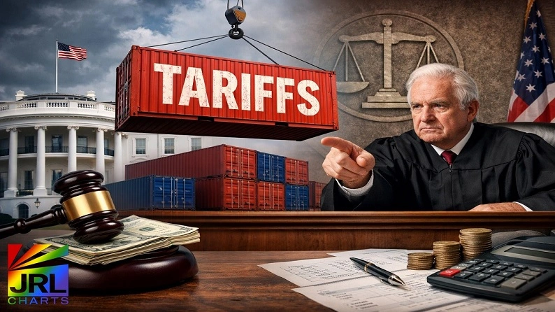 Federal judge orders refunds for Trump tariffs as shipping containers and White House symbolize U.S. trade policy ruling.