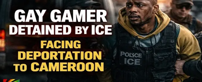 Illustration depicting a gay gamer detained by immigration authorities amid fears of deportation to Cameroon where homosexuality is illegal.