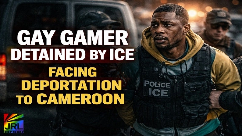 Illustration depicting a gay gamer detained by immigration authorities amid fears of deportation to Cameroon where homosexuality is illegal.