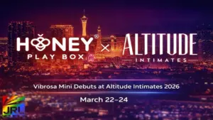 Honey Play Box Vibrosa Mini debut announcement at Altitude Intimates trade show in Las Vegas featuring Honey Play Box and Altitude Intimates logos over the Las Vegas skyline