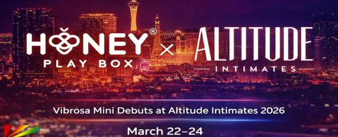 Honey Play Box Vibrosa Mini debut announcement at Altitude Intimates trade show in Las Vegas featuring Honey Play Box and Altitude Intimates logos over the Las Vegas skyline