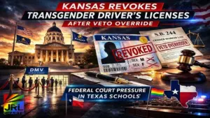 Kansas State Capitol with revoked driver’s license graphic representing S.B. 244 gender marker law after veto override impacting transgender residents.