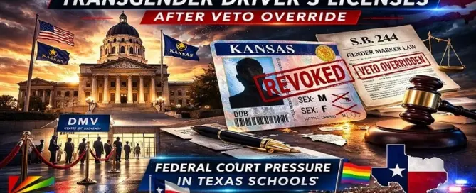 Kansas State Capitol with revoked driver’s license graphic representing S.B. 244 gender marker law after veto override impacting transgender residents.