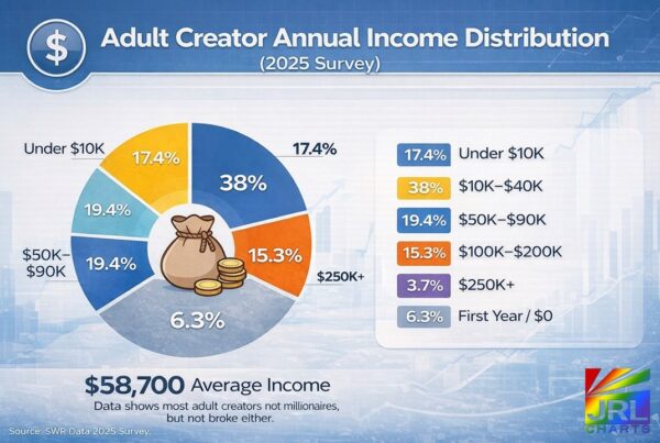 Pie chart showing adult creator annual income distribution in 2025, including 38 percent earning $10K to $40K and 19.4 percent earning $50K to $90K.