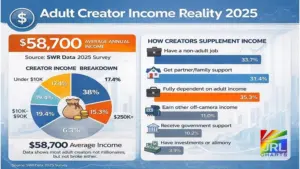 Infographic showing average annual income of adult creators at $58,700 based on 2025 survey data, including income distribution and supplemental earnings breakdown.
