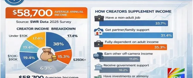 Infographic showing average annual income of adult creators at $58,700 based on 2025 survey data, including income distribution and supplemental earnings breakdown.