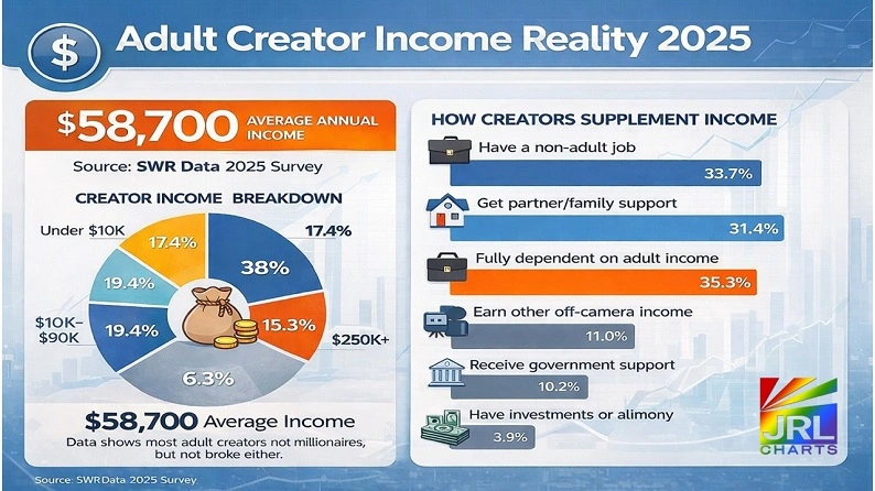 Infographic showing average annual income of adult creators at $58,700 based on 2025 survey data, including income distribution and supplemental earnings breakdown.