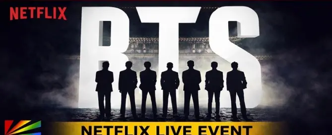 BTS global comeback live event on Netflix promoting the ARIRANG album with silhouettes of RM Jin SUGA j-hope Jimin V and Jung Kook featured in promotional artwork.