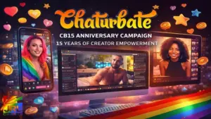 Chaturbate CB15 anniversary campaign graphic highlighting live streaming creators and the platform’s 15 years supporting the global creator economy.
