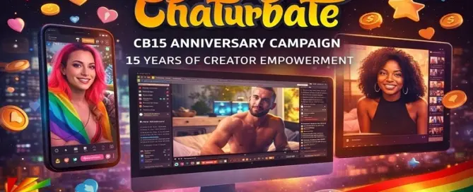 Chaturbate CB15 anniversary campaign graphic highlighting live streaming creators and the platform’s 15 years supporting the global creator economy.