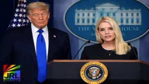 President Donald Trump and Attorney General Pam Bondi appear during a White House briefing as the Justice Department suspends the federal prosecutor experience requirement amid hiring shortages.