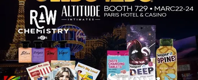 Eldorado Trading Company showcases new brands including Raw Chemistry fragrances, Sugar Splash novelty products and Kinsey Maezing adult humor books at the Altitude Intimates trade show in Las Vegas.