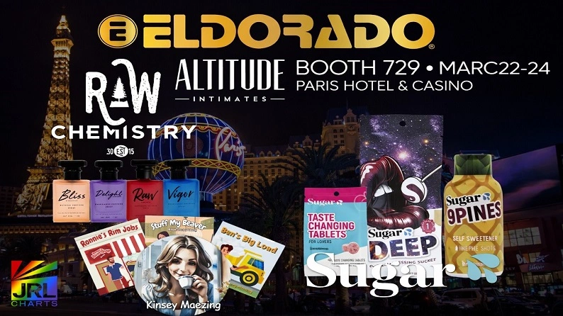 Eldorado Trading Company showcases new brands including Raw Chemistry fragrances, Sugar Splash novelty products and Kinsey Maezing adult humor books at the Altitude Intimates trade show in Las Vegas.