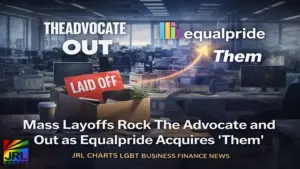 Empty newsroom office scene representing Equalpride layoffs affecting The Advocate and Out following acquisition of Them magazine
